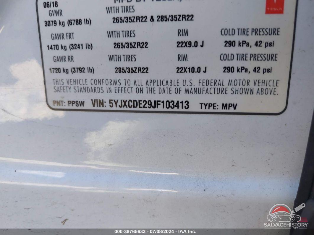 5YJXCDE29JF103413 2018 TESLA MODEL X photo no. 9