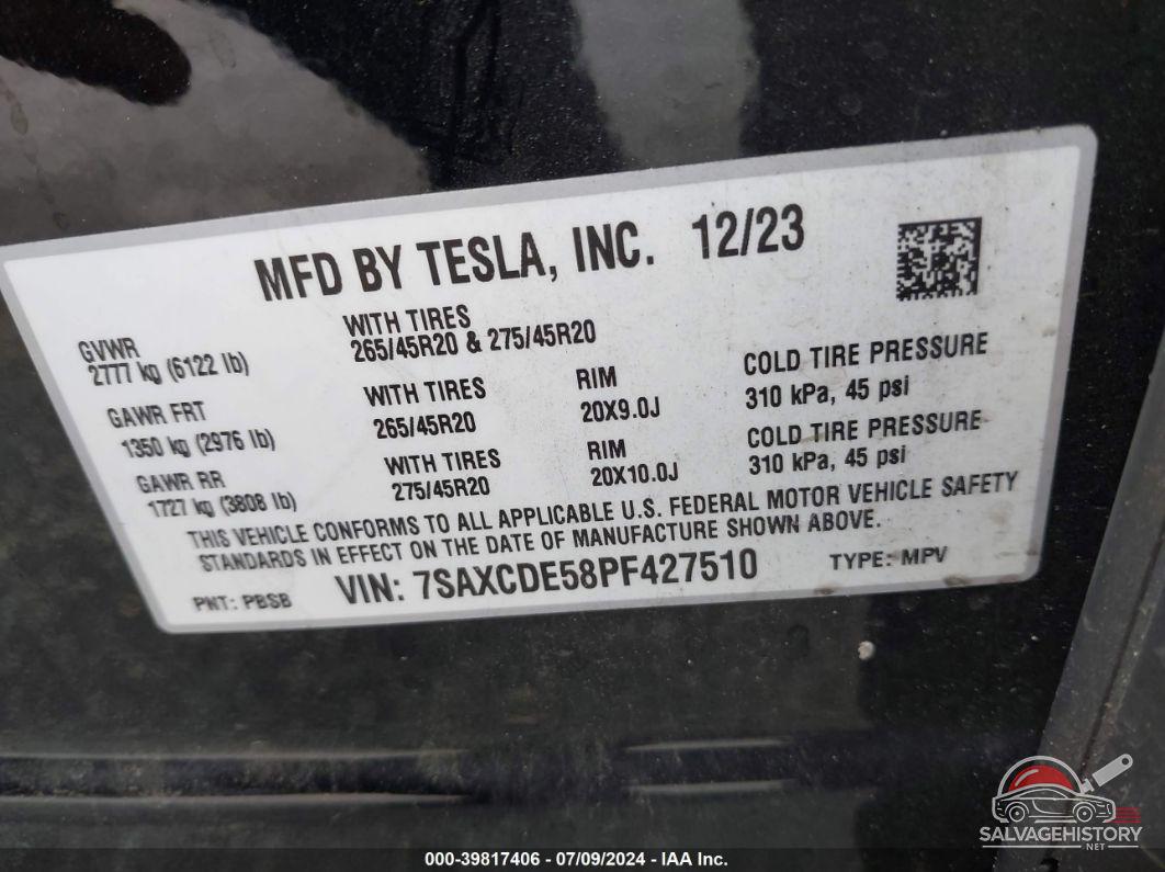 7SAXCDE58PF427510 2023 TESLA MODEL X photo no. 9