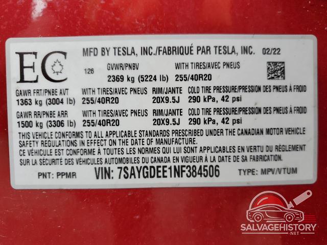 7SAYGDEE1NF384506 2022 TESLA MODEL Y photo no. 13