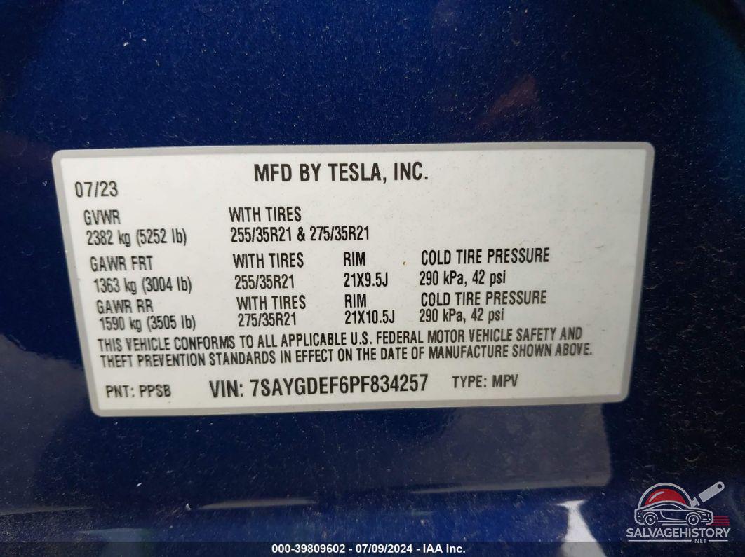 7SAYGDEF6PF834257 2023 TESLA MODEL Y photo no. 9