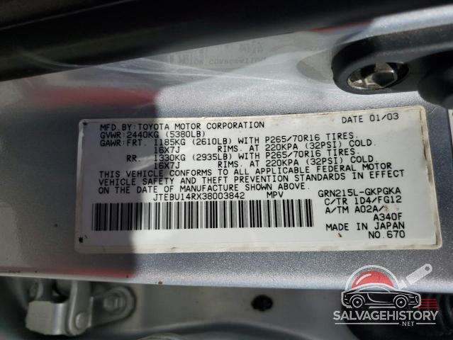 JTEBU14RX38003842 2003 TOYOTA 4RUNNER photo no. 13