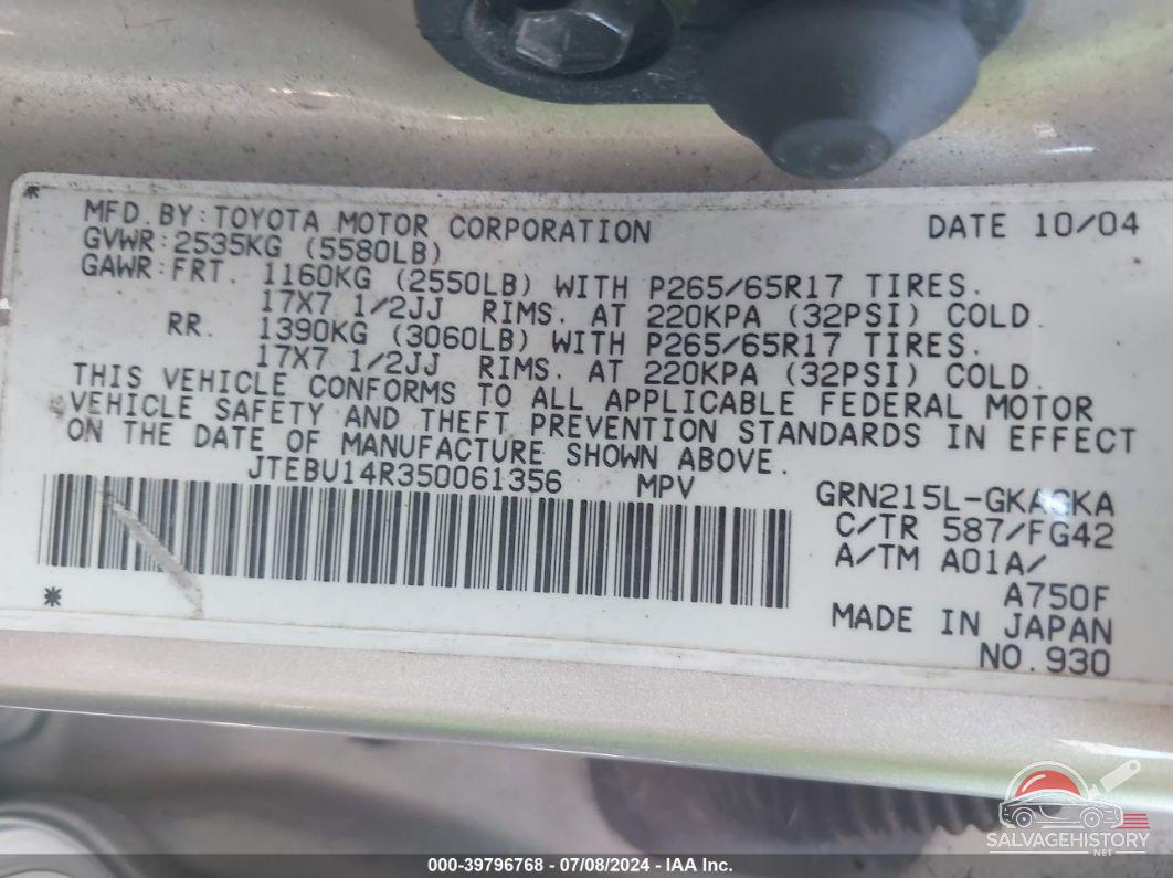 JTEBU14R350061356 2005 TOYOTA 4RUNNER photo no. 9