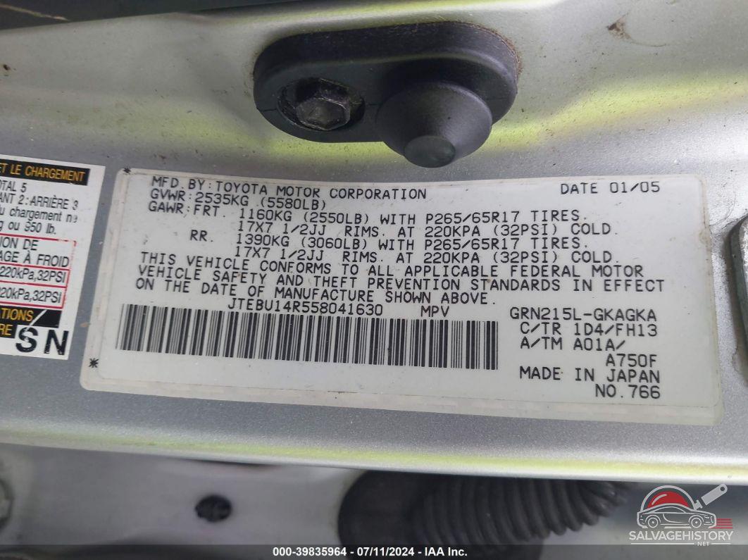 JTEBU14R558041630 2005 TOYOTA 4RUNNER photo no. 9