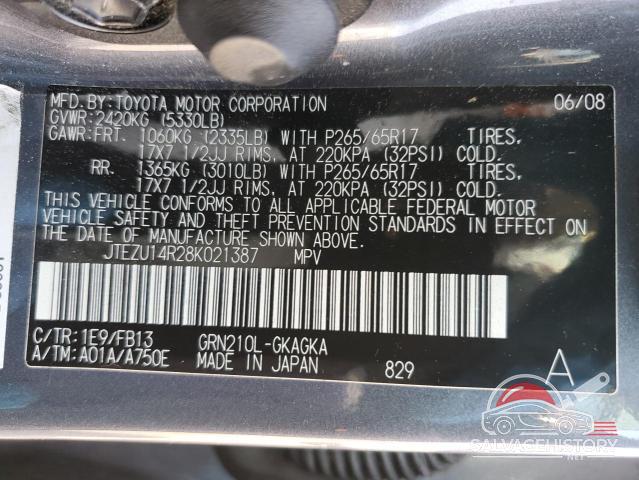 JTEZU14R28K021387 2008 TOYOTA 4RUNNER photo no. 12