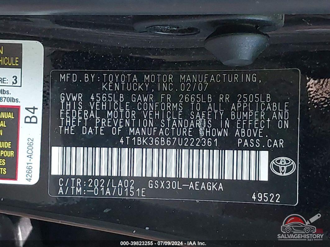 4T1BK36B67U222361 2007 TOYOTA AVALON photo no. 9
