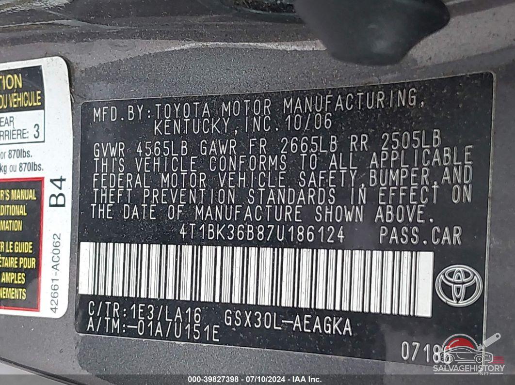 4T1BK36B87U186124 2007 TOYOTA AVALON photo no. 9