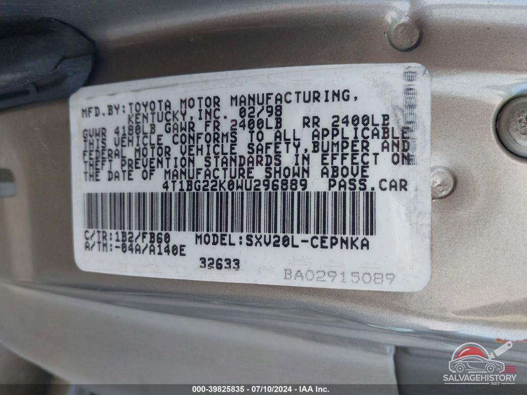4T1BG22K0WU296889 1998 TOYOTA CAMRY photo no. 9