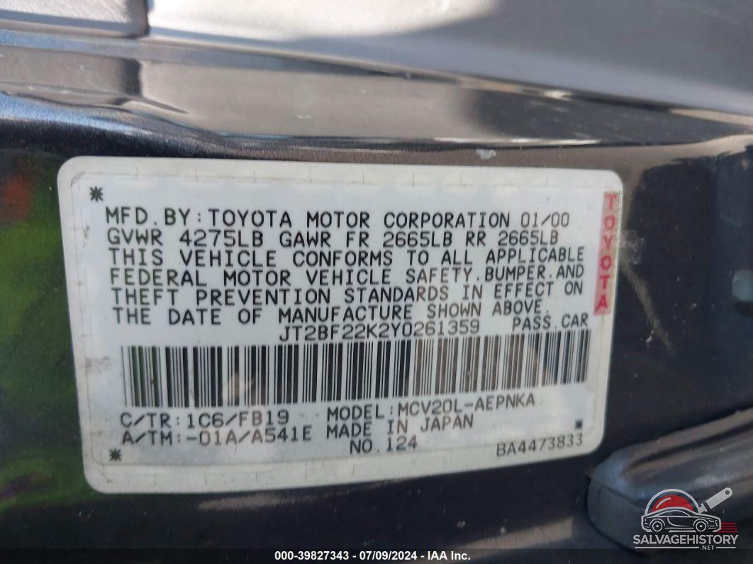 JT2BF22K2Y0261359 2000 TOYOTA CAMRY photo no. 9