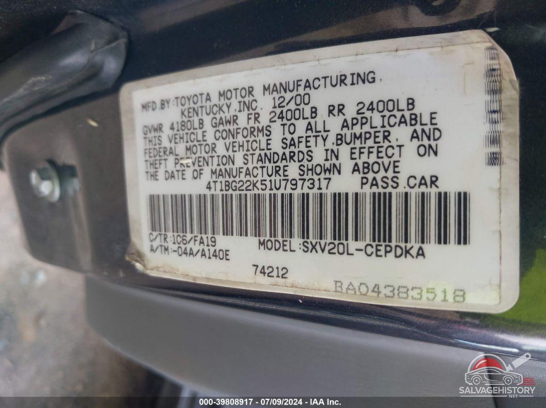4T1BG22K51U797317 2001 TOYOTA CAMRY photo no. 9