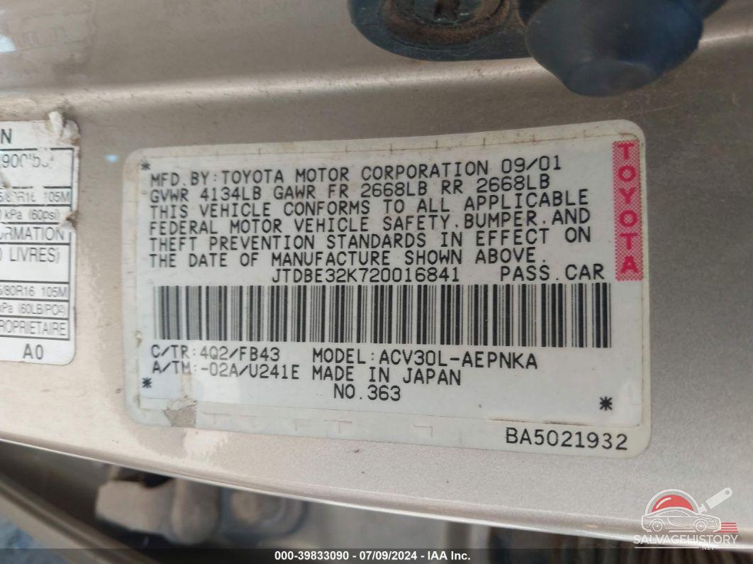 JTDBE32K720016841 2002 TOYOTA CAMRY photo no. 9