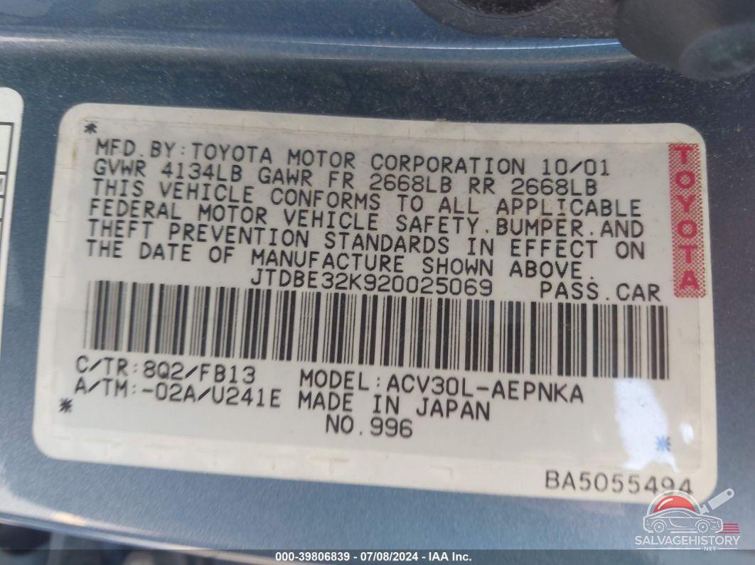 JTDBE32K920025069 2002 TOYOTA CAMRY photo no. 9