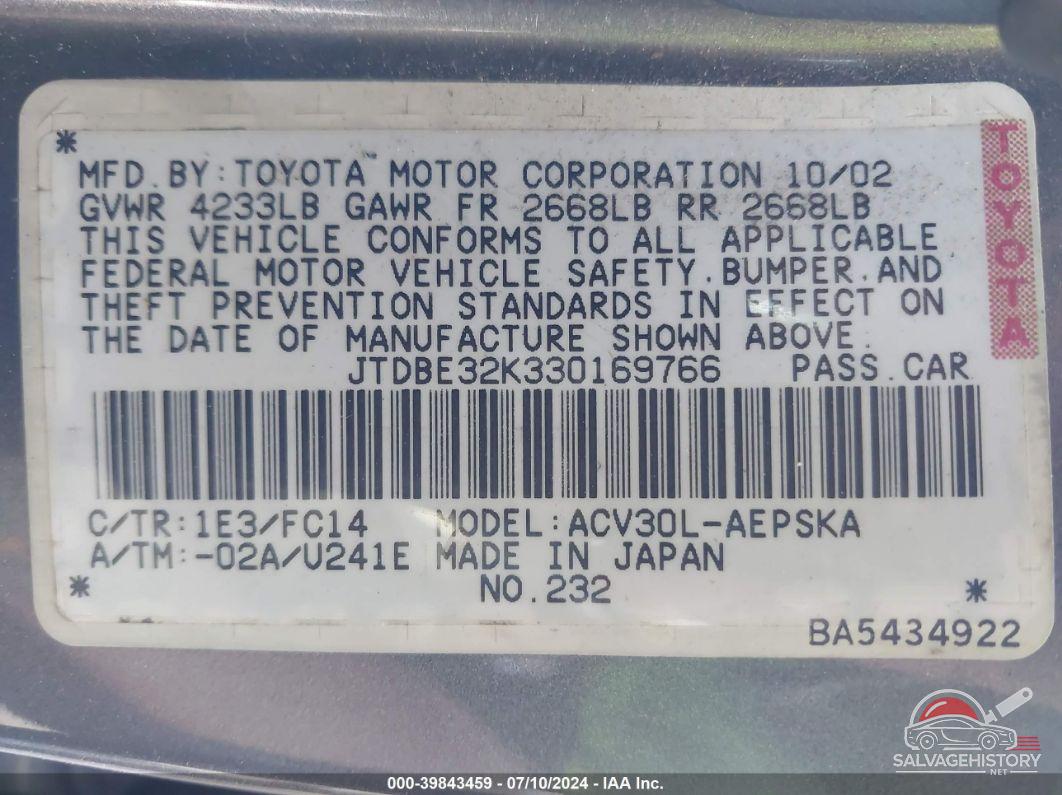 JTDBE32K330169766 2003 TOYOTA CAMRY photo no. 9