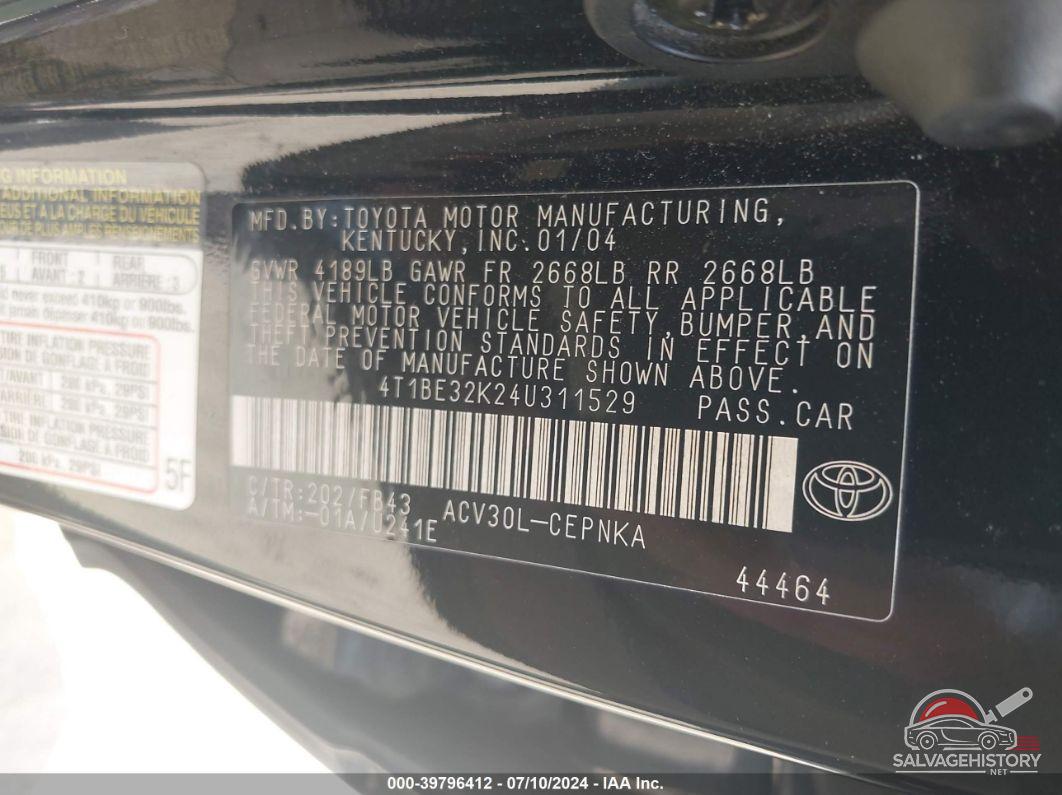 4T1BE32K24U311529 2004 TOYOTA CAMRY photo no. 9