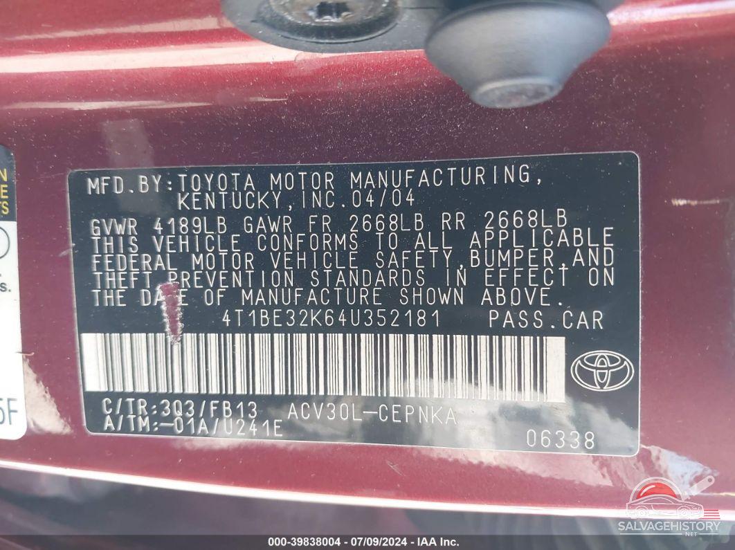 4T1BE32K64U352181 2004 TOYOTA CAMRY photo no. 9