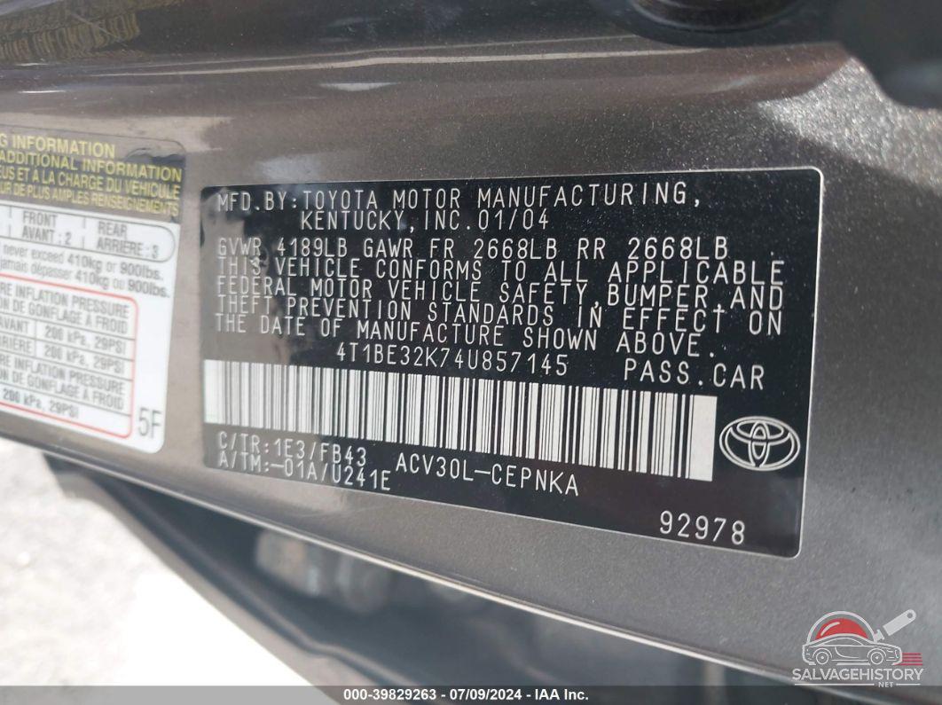 4T1BE32K74U857145 2004 TOYOTA CAMRY photo no. 9