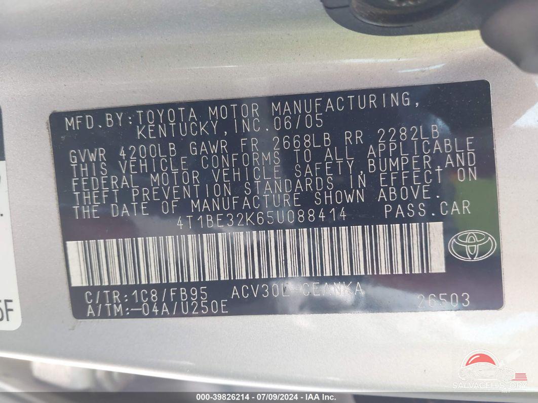 4T1BE32K65U088414 2005 TOYOTA CAMRY photo no. 9