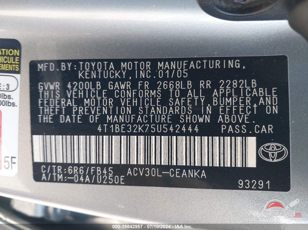 4T1BE32K75U542444 2005 TOYOTA CAMRY photo no. 9