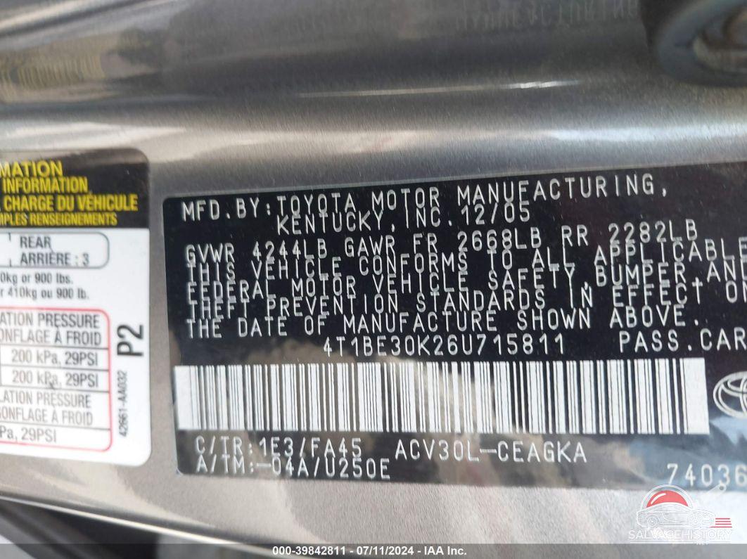 4T1BE30K26U715811 2006 TOYOTA CAMRY photo no. 9