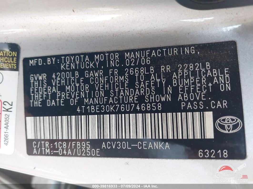 4T1BE30K76U746858 2006 TOYOTA CAMRY photo no. 9