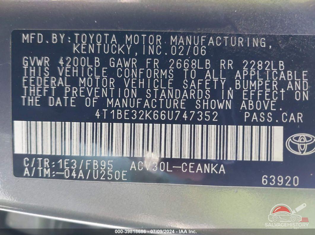 4T1BE32K66U747352 2006 TOYOTA CAMRY photo no. 9
