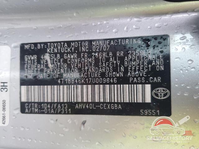 4T1BB46K17U009646 2007 TOYOTA CAMRY photo no. 12