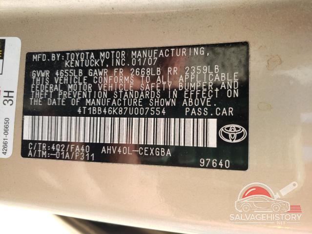 4T1BB46K87U007554 2007 TOYOTA CAMRY photo no. 12