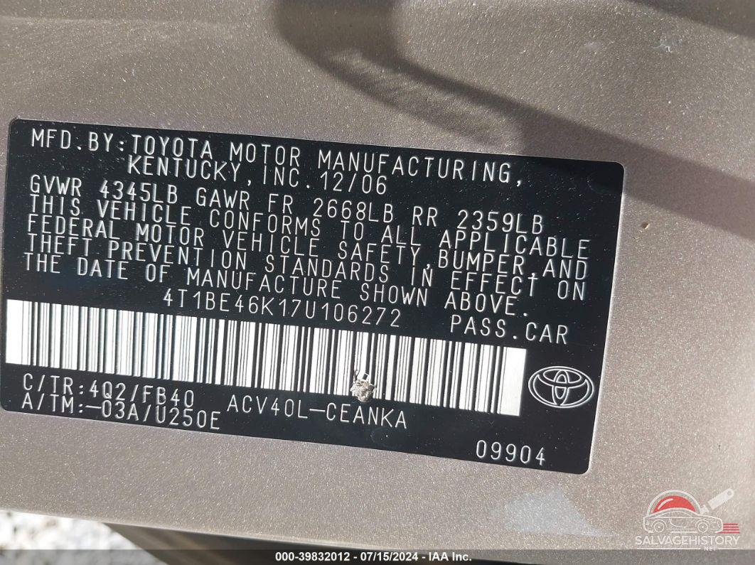 4T1BE46K17U106272 2007 TOYOTA CAMRY photo no. 9