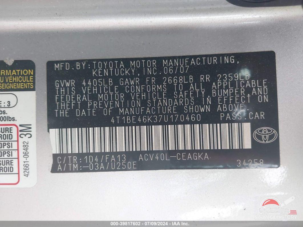 4T1BE46K37U170460 2007 TOYOTA CAMRY photo no. 9