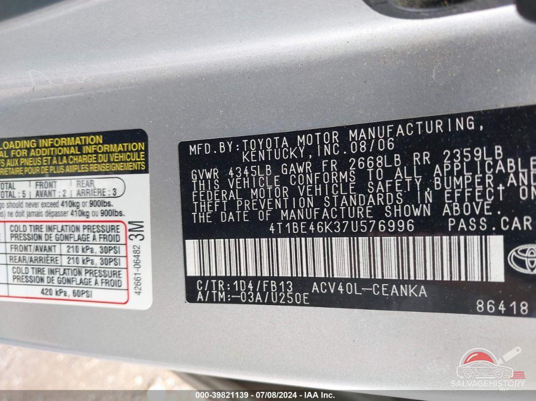 4T1BE46K37U576996 2007 TOYOTA CAMRY photo no. 9