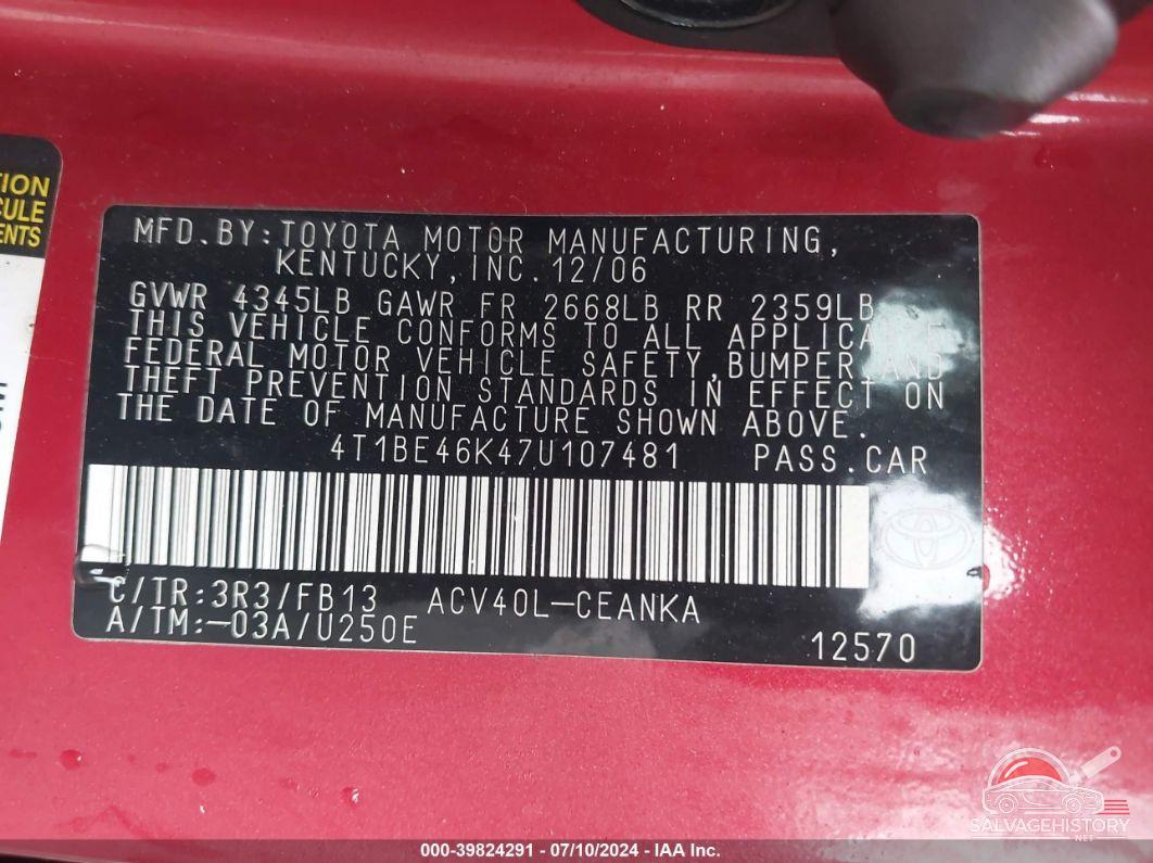 4T1BE46K47U107481 2007 TOYOTA CAMRY photo no. 9