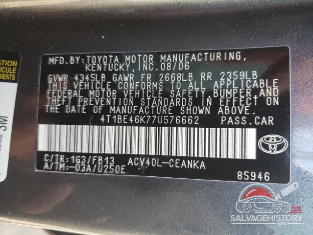 4T1BE46K77U576662 2007 TOYOTA CAMRY photo no. 12