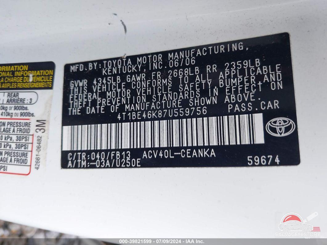 4T1BE46K87U559756 2007 TOYOTA CAMRY photo no. 9