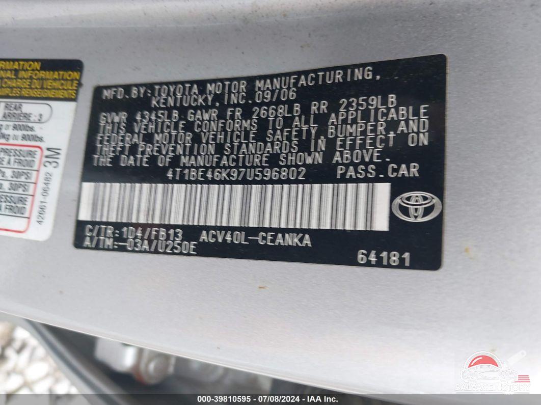4T1BE46K97U596802 2007 TOYOTA CAMRY photo no. 9