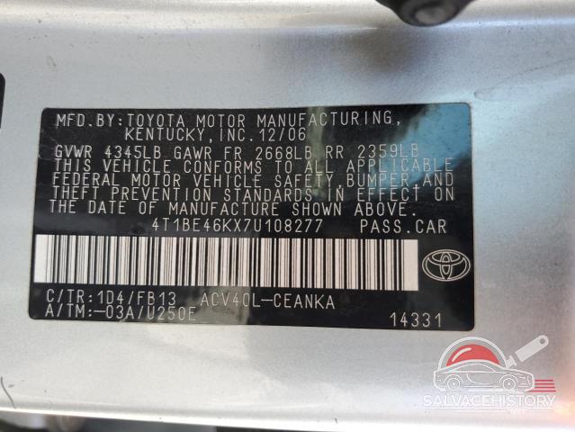 4T1BE46KX7U108277 2007 TOYOTA CAMRY photo no. 12