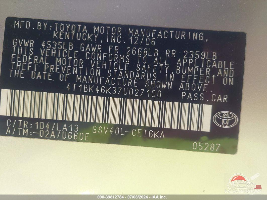 4T1BK46K37U027100 2007 TOYOTA CAMRY photo no. 9