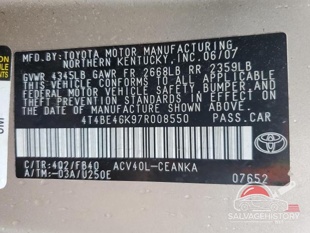 4T4BE46K97R008550 2007 TOYOTA CAMRY photo no. 12