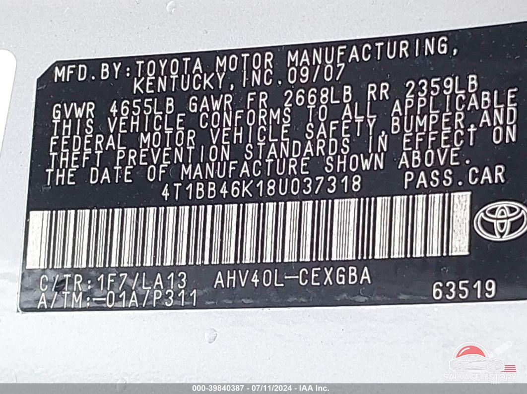 4T1BB46K18U037318 2008 TOYOTA CAMRY photo no. 9
