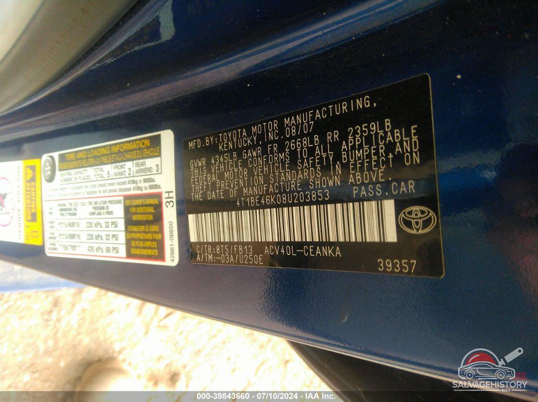 4T1BE46K08U203853 2008 TOYOTA CAMRY photo no. 9