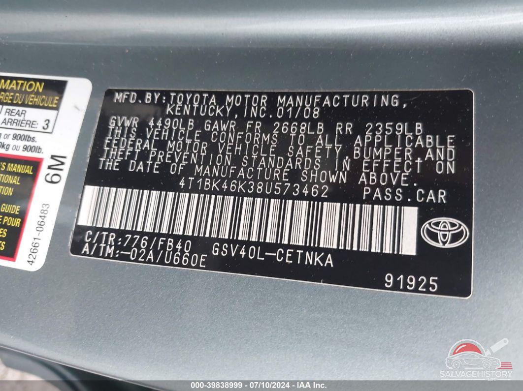 4T1BK46K38U573462 2008 TOYOTA CAMRY photo no. 9
