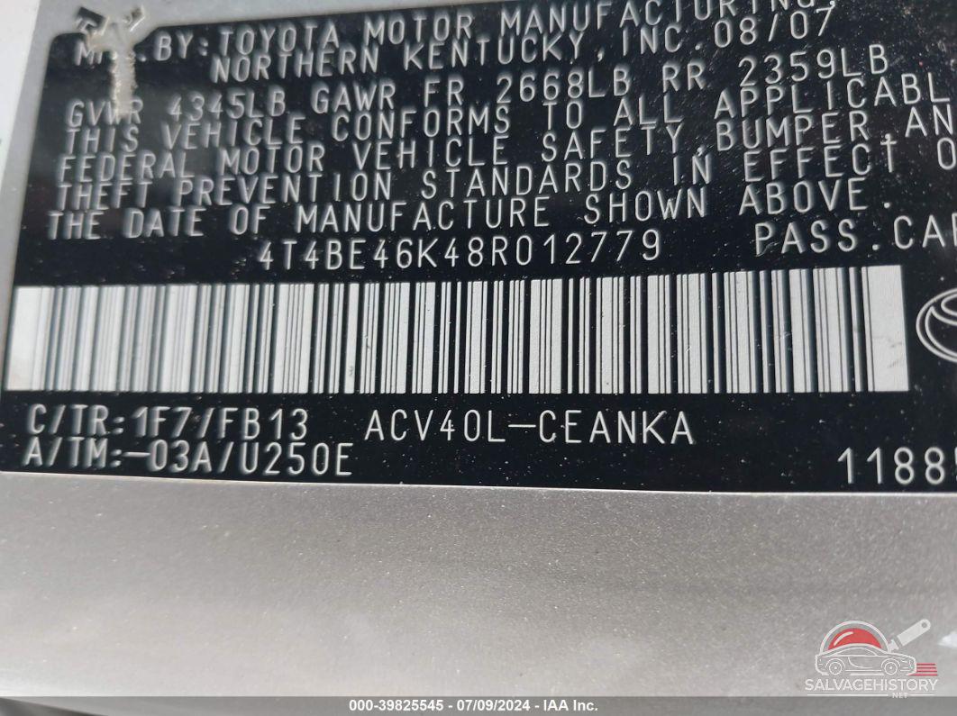 4T4BE46K48R012779 2008 TOYOTA CAMRY photo no. 9