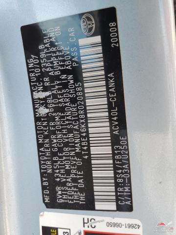 4T4BE46KX8R020885 2008 TOYOTA CAMRY photo no. 12