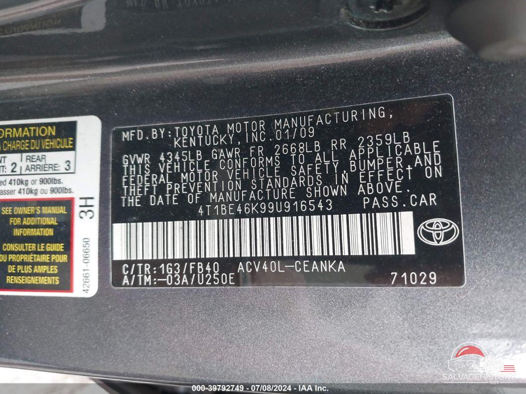 4T1BE46K99U916543 2009 TOYOTA CAMRY photo no. 9
