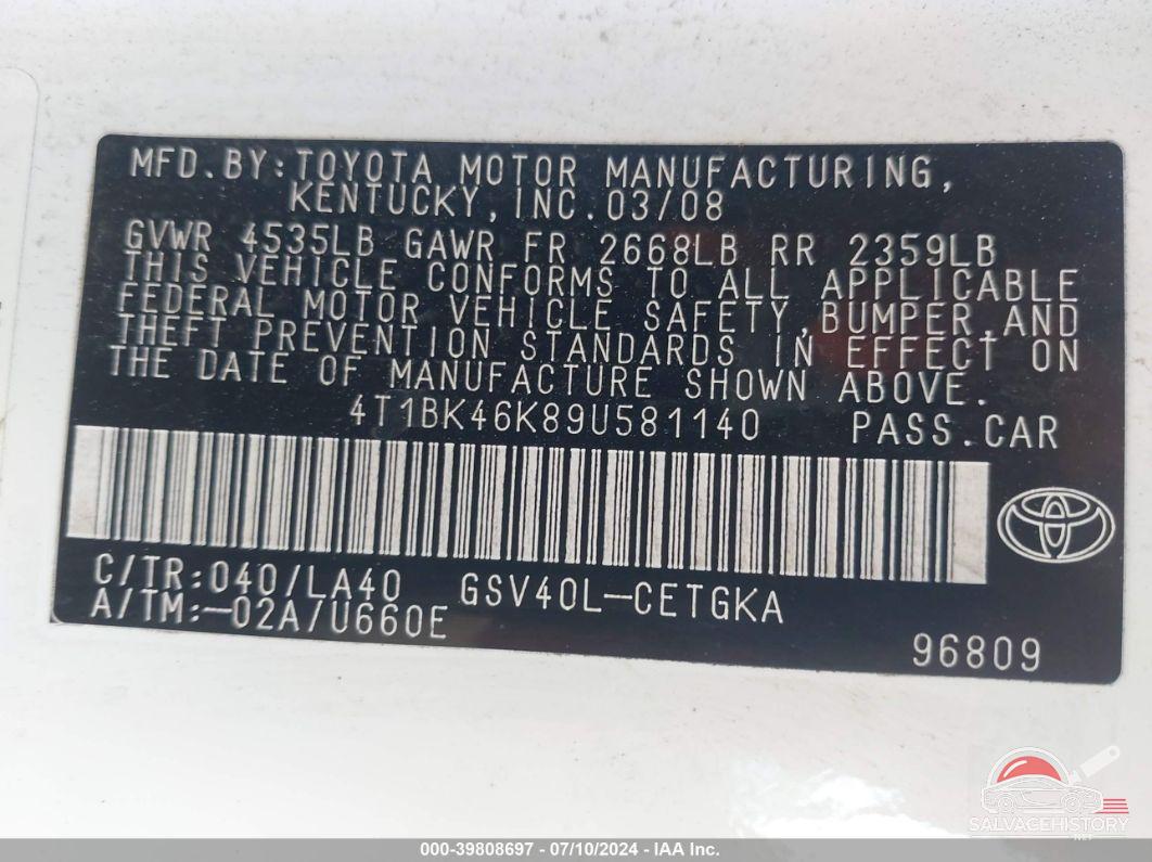 4T1BK46K89U581140 2009 TOYOTA CAMRY photo no. 9