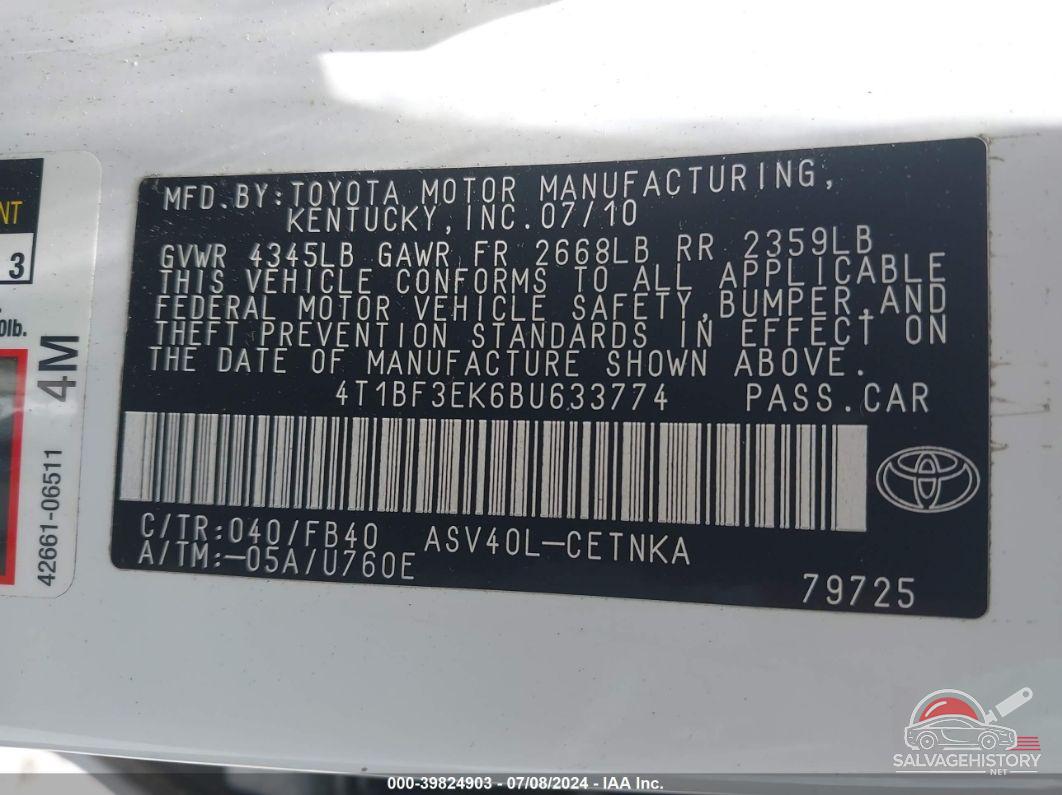 4T1BF3EK6BU633774 2011 TOYOTA CAMRY photo no. 9
