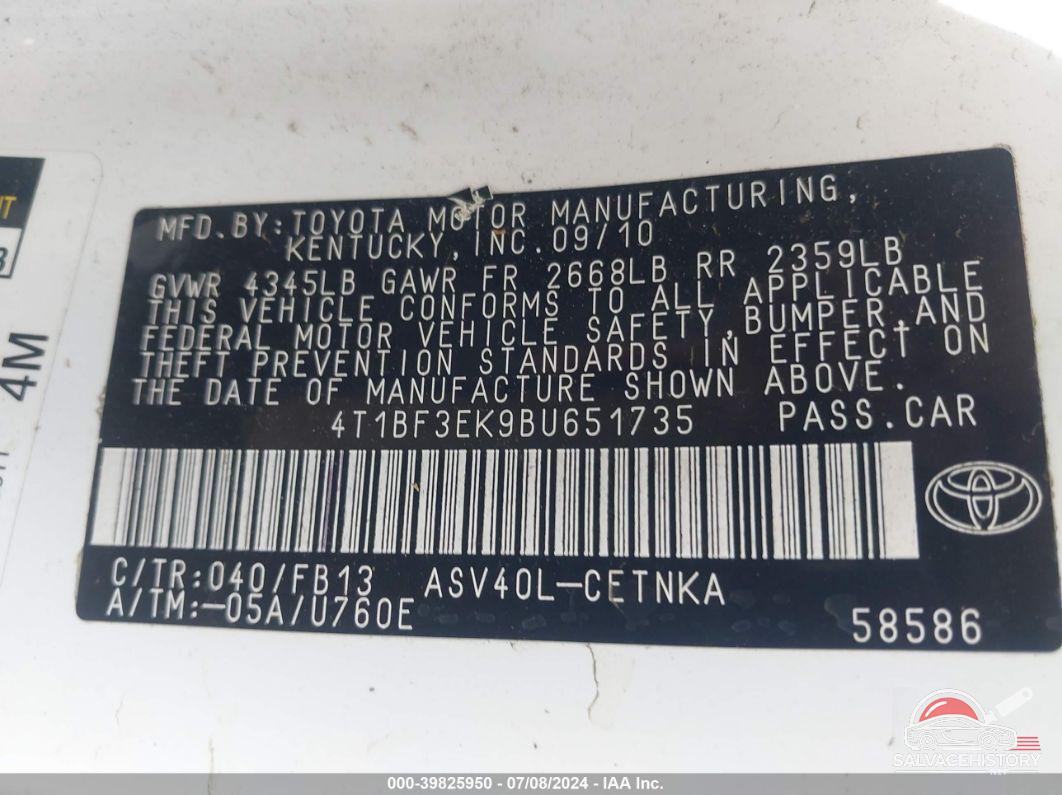 4T1BF3EK9BU651735 2011 TOYOTA CAMRY photo no. 9
