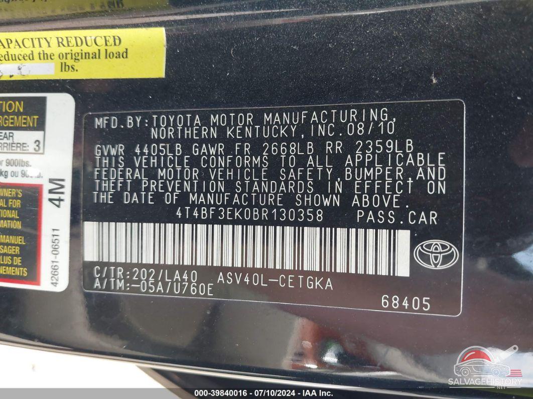 4T4BF3EK0BR130358 2011 TOYOTA CAMRY photo no. 9