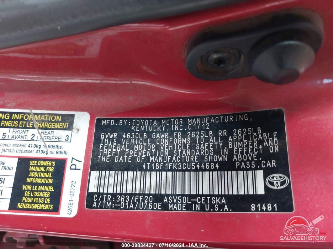 4T1BF1FK3CU544684 2012 TOYOTA CAMRY photo no. 9