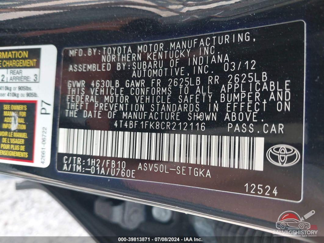 4T4BF1FK8CR212116 2012 TOYOTA CAMRY photo no. 9