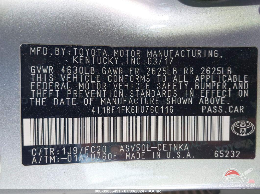 4T1BF1FK6HU760116 2017 TOYOTA CAMRY photo no. 9