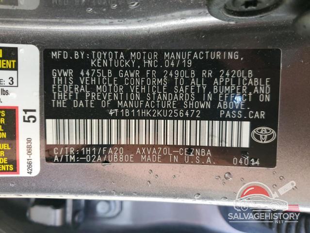 4T1B11HK2KU256472 2019 TOYOTA CAMRY photo no. 12